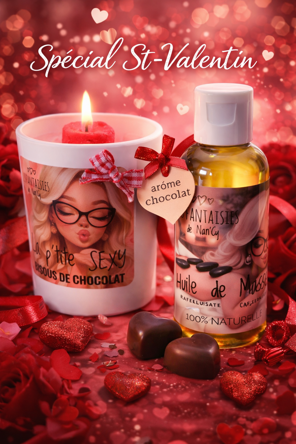 Duo, bougie bisous de Chocolat et l'huile à massage chocolatée