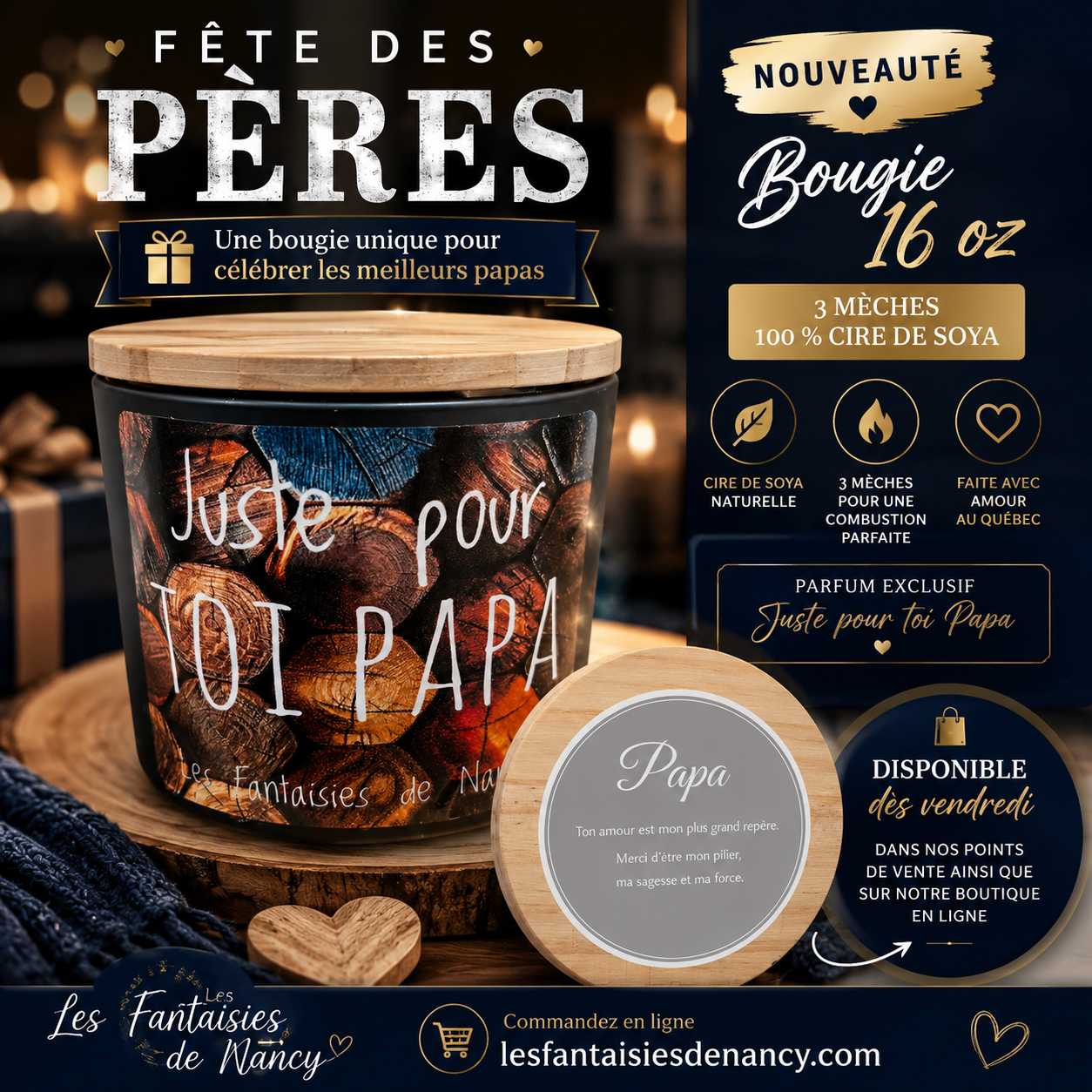 Bougie 3 mèches Fête des pères, boisé et bourbon pour homme