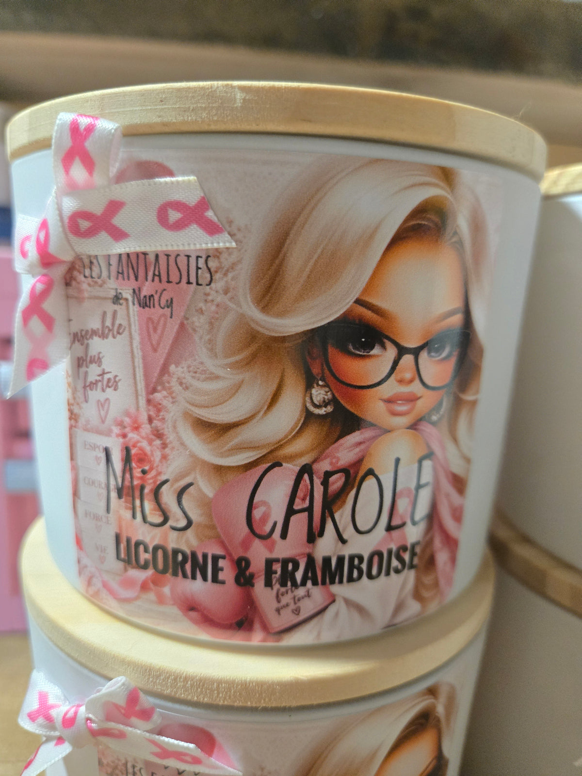 Bougie Miss Carole 3 mèches 16 oz cancer du sein Licorne et Framboise