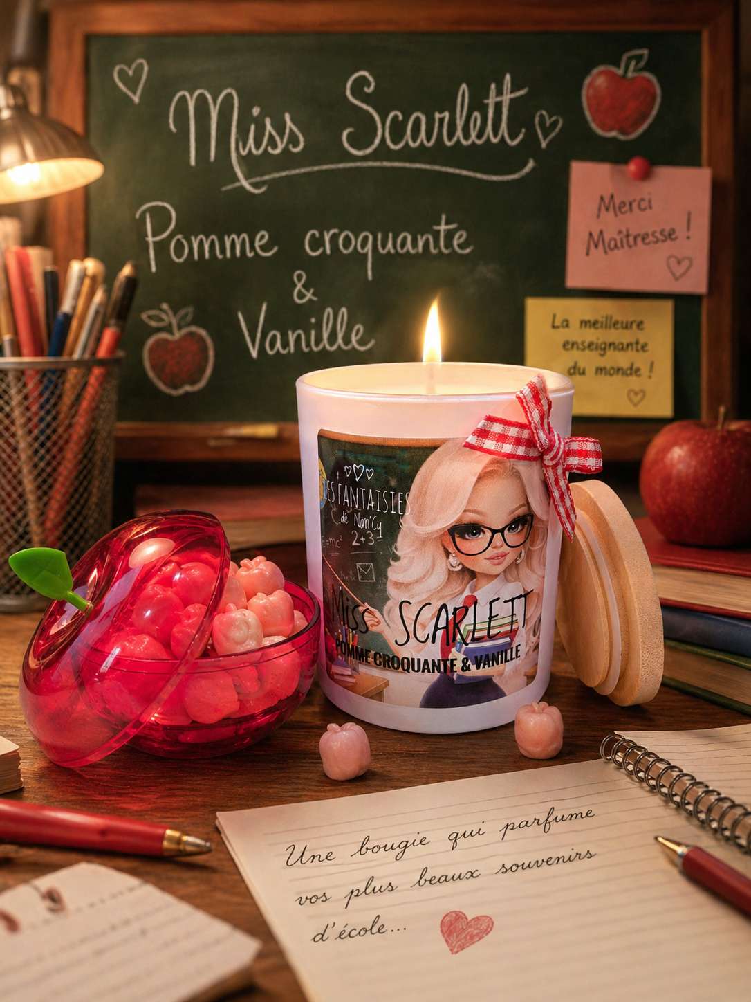 Bougie Miss SCARLETT (pomme croquante et Vanille)+pomme surprise