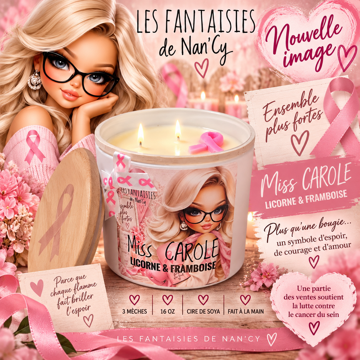Bougie Miss Carole 3 mèches 16 oz cancer du sein Licorne et Framboise