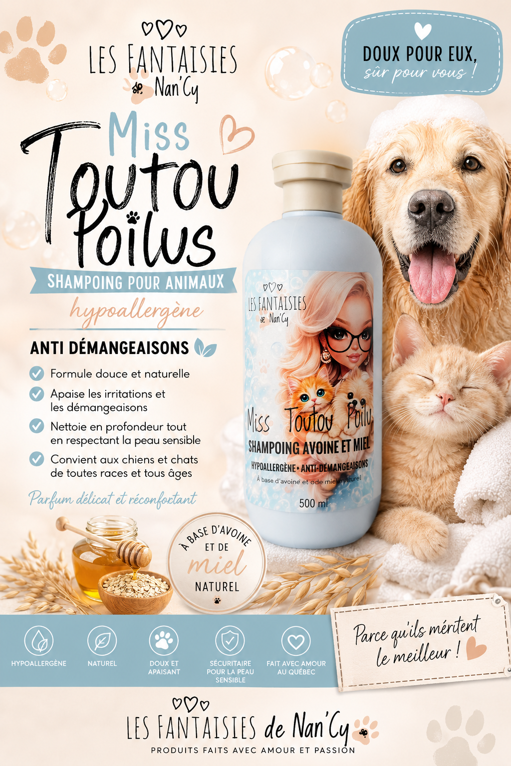 Shampoing pour animaux anti- démangeaisons, hypoallergêne